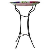 18'' Red and Blue Summer Flowers Hand Painted Glass Birdbath