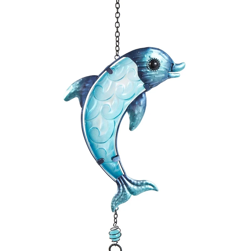 Blue Sea Life Metal Dolphin & Seahorse Windchime with Dangling Seashells Set
