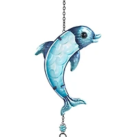 Blue Sea Life Metal Dolphin & Seahorse Windchime with Dangling Seashells Set