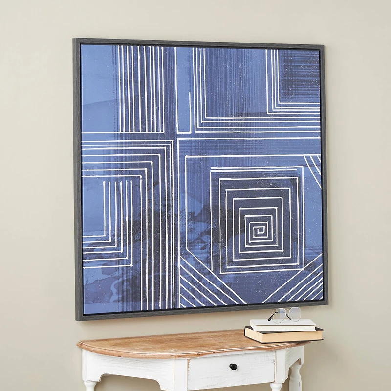 40" x 40" Blue Canvas Geometric Framed Wall Art with White Square Outlines