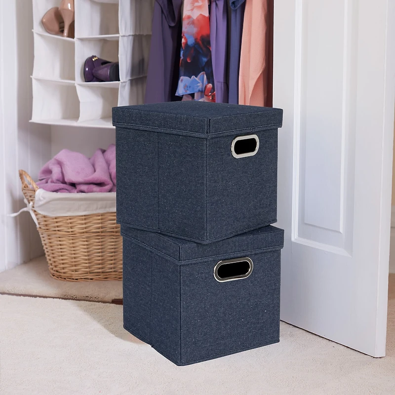 Household Essentials 11.5" Denim Blue Collapsible Cotton Blend Cube Storage Box with Lid, 2ct.