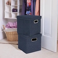 Household Essentials 11.5" Denim Blue Collapsible Cotton Blend Cube Storage Box with Lid, 2ct.