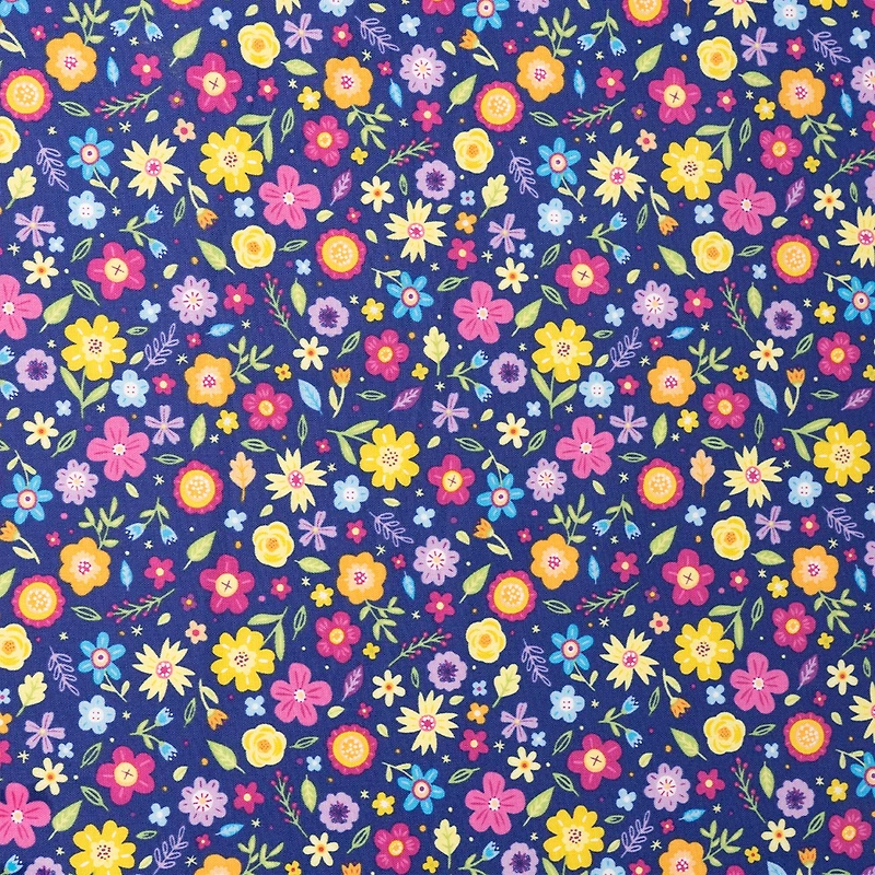 SINGER Bright Floral on Blue Cotton Fabric