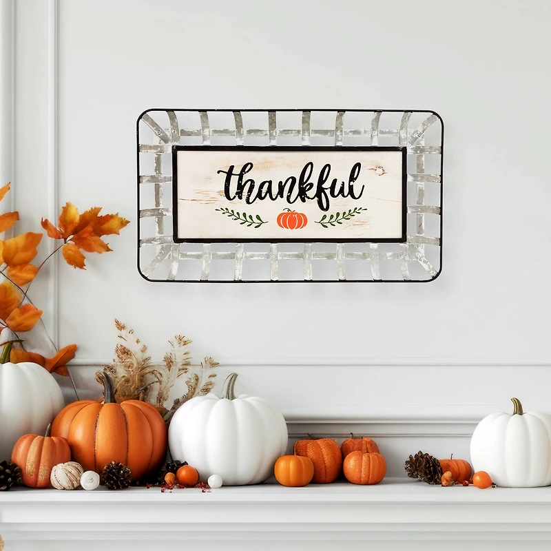 24" Silver & White Pumpkin Thankful Rectangular Wall Décor