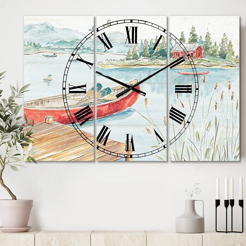 Designart Lake House Canoes I 3 Panel Wall Clock