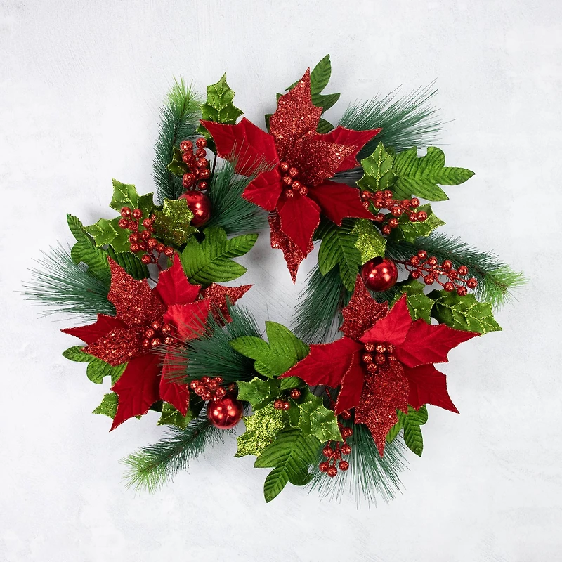 24" Red Glittered Poinsettia & Long Pine Christmas Wreath