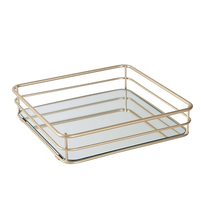 Elle Décor Satin Gold Square Mirrored Bottom Vanity Tray
