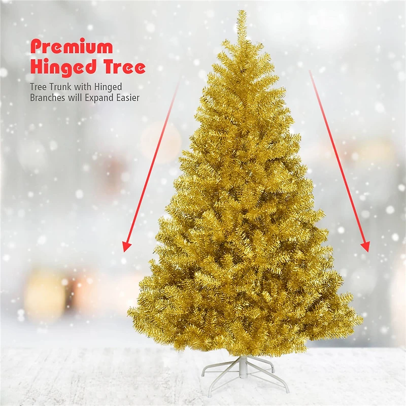 Costway 6ft. Unlit Champagne Gold Artificial Tinsel Christmas Tree with Foldable Stand