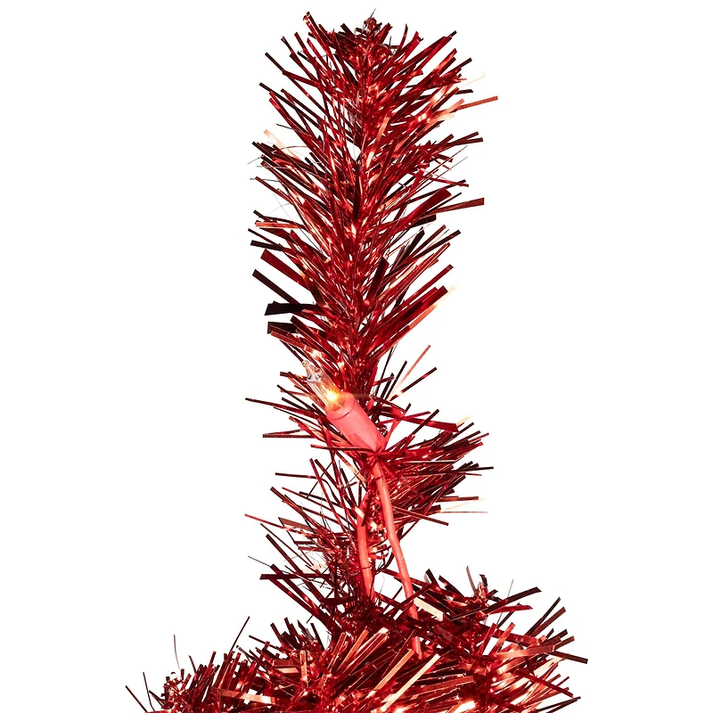 9ft. Pre-Lit Red Artificial Tinsel Christmas Tree, Clear Lights