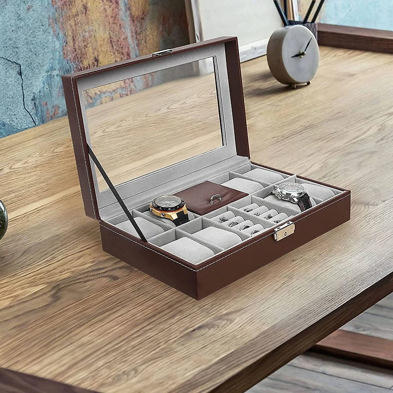 NEX™ 12" 8-Slot Brown Lockable Artificial Leather Watch Case Organizer