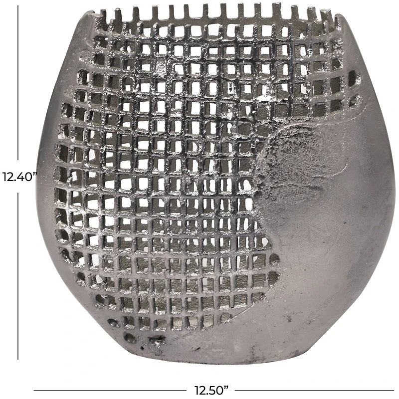13" Dark Gray Aluminum Grid Inspired Abstract Vase with Open Frame Design