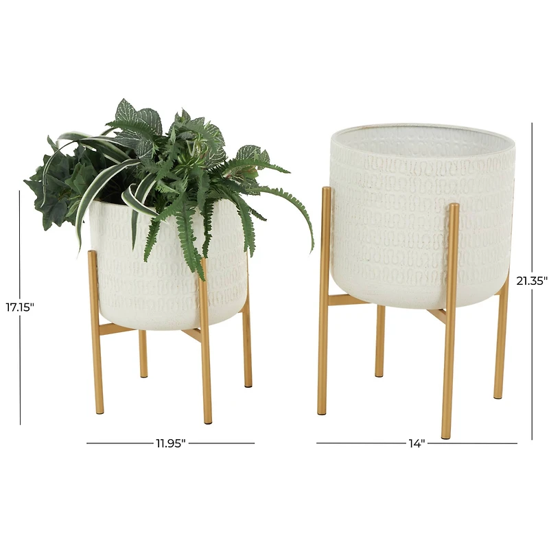 White & Gold Metal Dome Planter with Stand Set