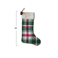 Hello Honey® 20" Red, Green & White Plaid Brushed Cotton Flannel Stocking with Sherpa Cuff & Pom Poms