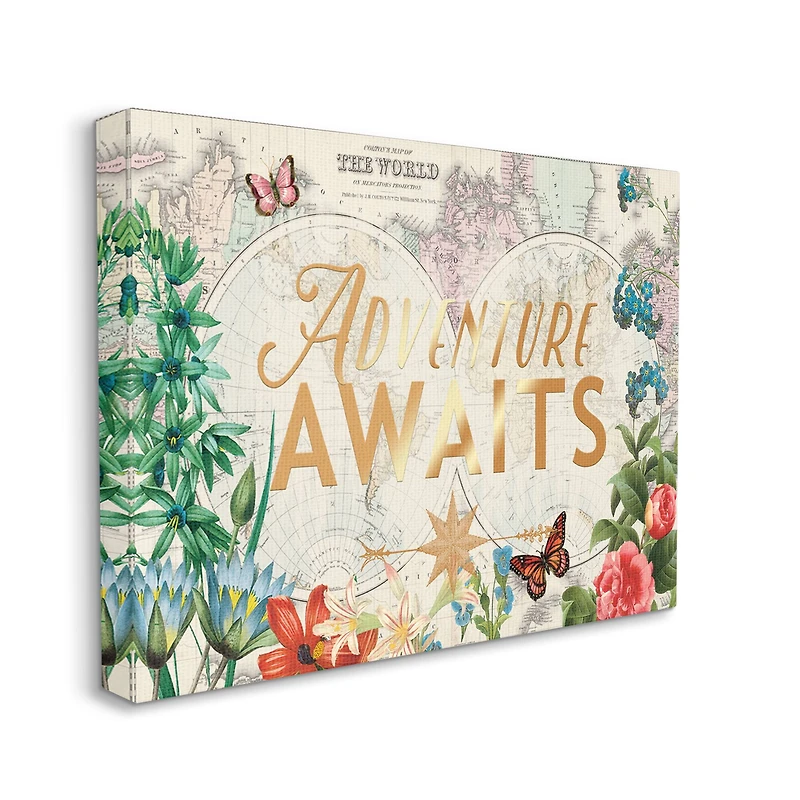 Stupell Industries Adventure Awaits Floral Map Canvas Wall Art
