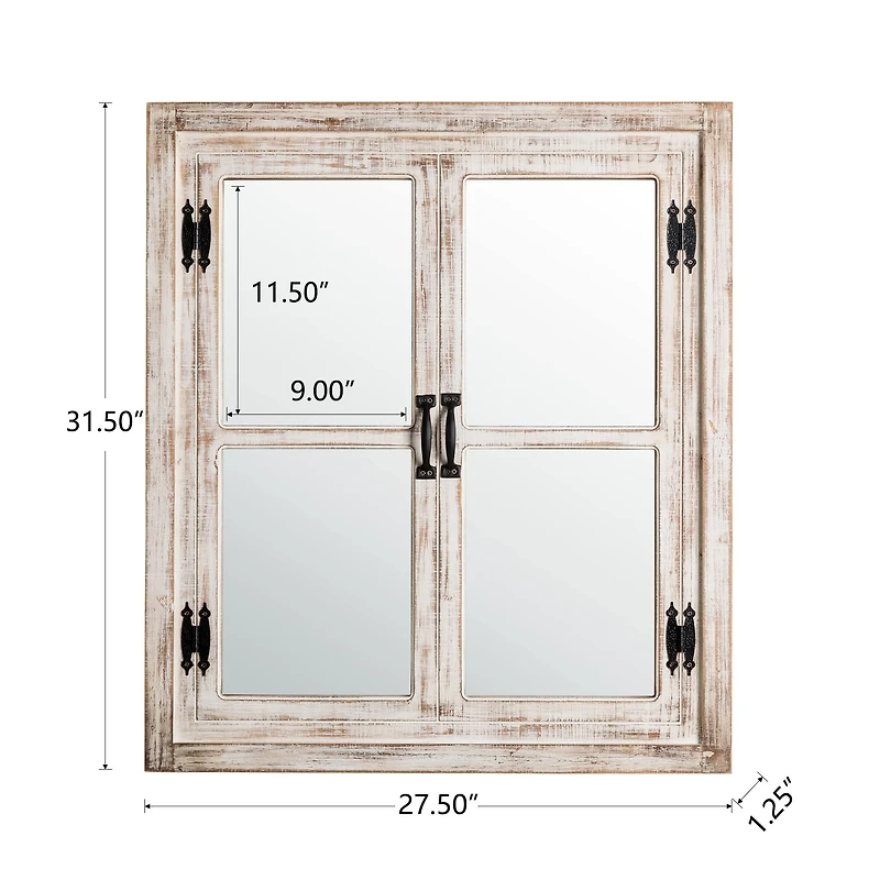 Glitzhome® 31.5" Washed White Wooden Farmhouse Square Windowpane Wall Mirror