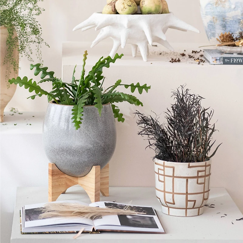 Hello Honey® 8" Gray Reactive Glaze Round Stoneware Planter with Wood Stand