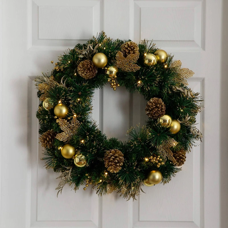 24in. Pre-Lit Artificial Golden Frosted Christmas Wreath with 50 Warm White LED Lights Pinecones, Berries and Ornaments