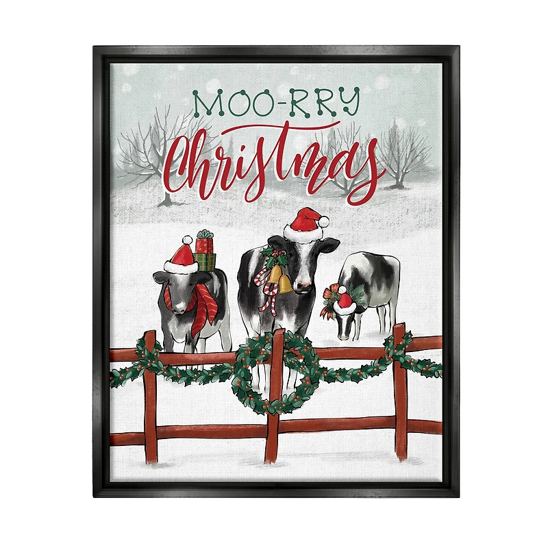 Stupell Industries Moo-rry Christmas Holiday Snowy Cows Framed Floater Canvas Wall Art