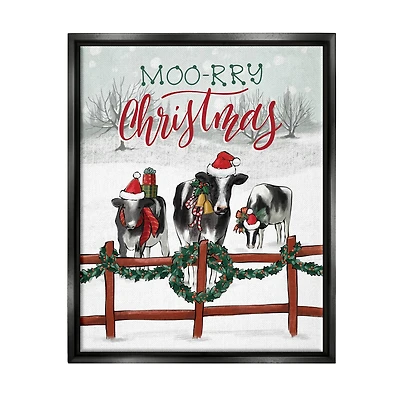 Stupell Industries Moo-rry Christmas Holiday Snowy Cows Framed Floater Canvas Wall Art