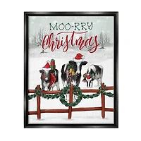 Stupell Industries Moo-rry Christmas Holiday Snowy Cows Framed Floater Canvas Wall Art