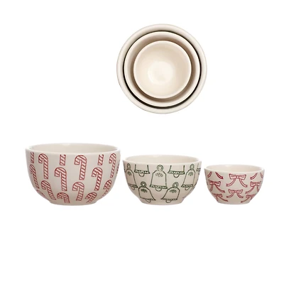 Hello Honey® Red, Green & Cream Hand-Stamped Holiday Icon Stoneware Nesting Bowl Set