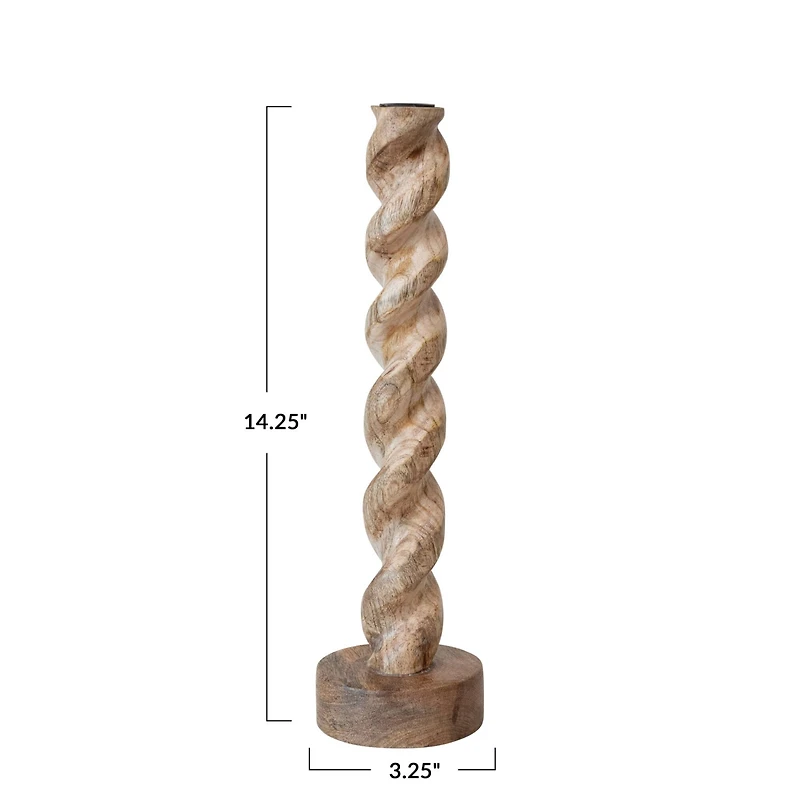 Hello Honey® 14" Tall Natural Hand-Carved Mango Wood Twisted Taper Candle Holder
