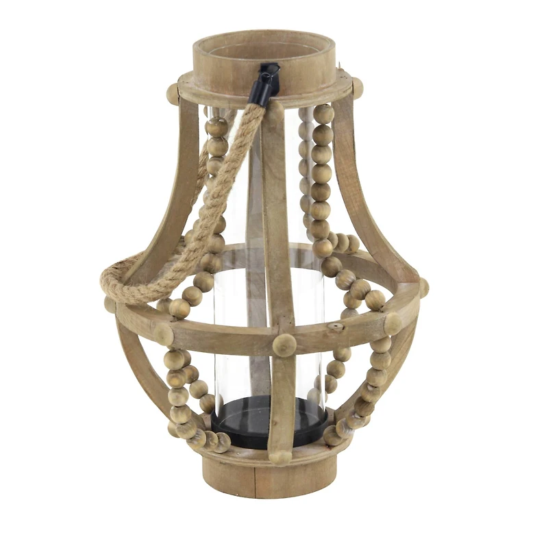 Beige Recycled Wood Farmhouse LED Lantern, 16" x 10" x 10"