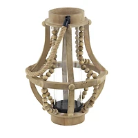 Beige Recycled Wood Farmhouse LED Lantern, 16" x 10" x 10"