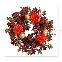 24" Fall Dahlia, Golden Apple, Oak Leaf & Berries Autumn Artificial Wreath