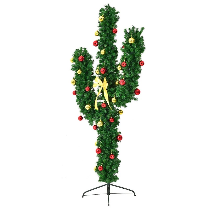 Costway 6ft. Pre-Lit Cactus Artificial Christmas Tree, Warm White LED Lights & Ball Ornaments