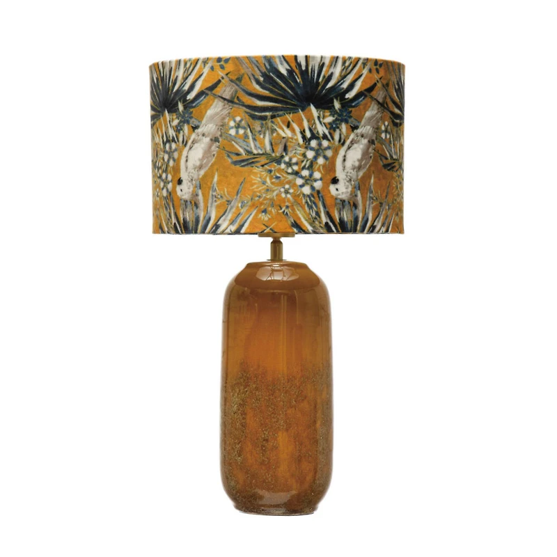 Hello Honey® 21" Reactive Glaze Stoneware Table Lamp with Cockatoo Print Velvet Shade and Inline Switch