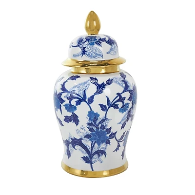 17" Blue Ceramic Floral Decorative Jar