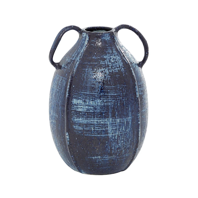 Blue Ceramic Contemporary Vase, 9" x 6" x 6"