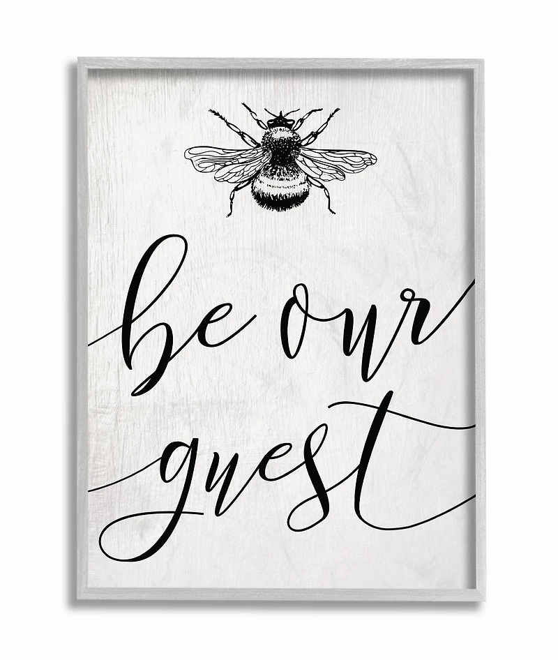 Stupell Industries Be Our Guest Bumble Bee Script Typography Gray Framed Wall Art