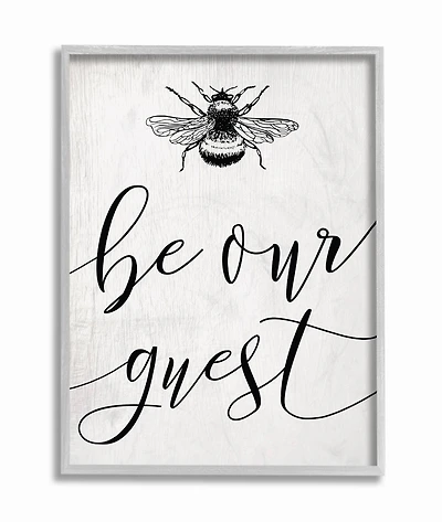 Stupell Industries Be Our Guest Bumble Bee Script Typography Gray Framed Wall Art