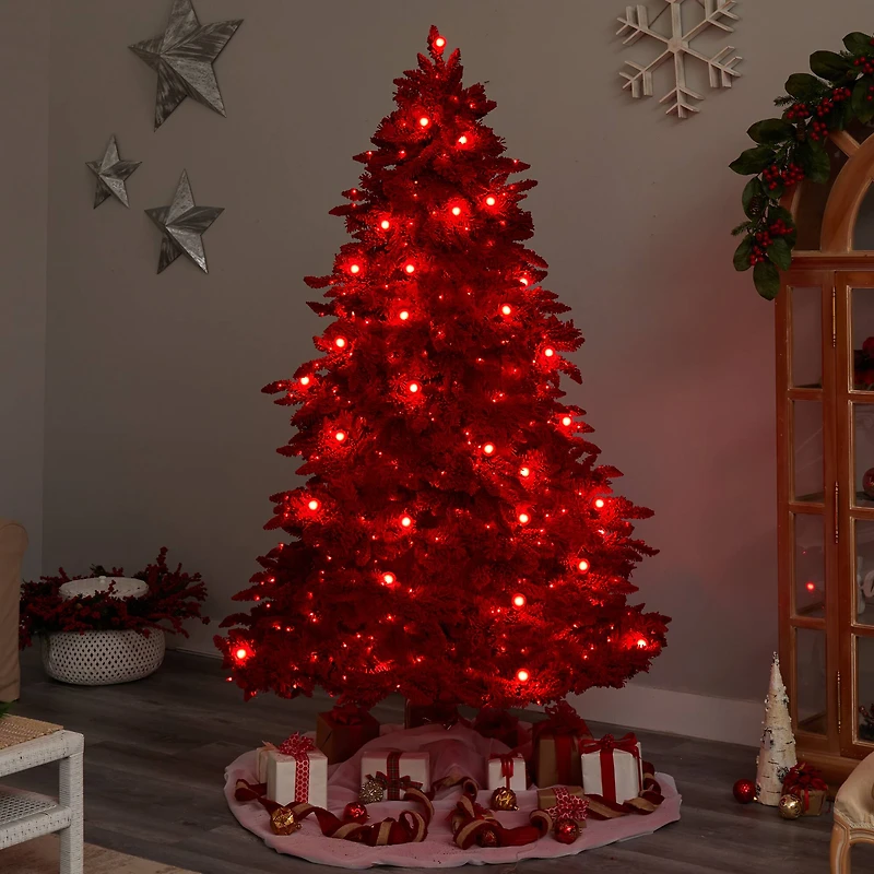 8ft. Pre-Lit Red Flocked Fraser Fir Artificial Christmas Tree, Red Lights