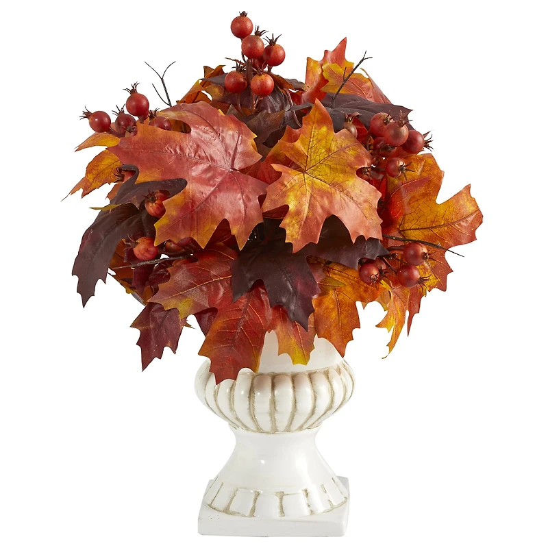 20" Autumn Maple Leaf & Berries Plant in White Urn
