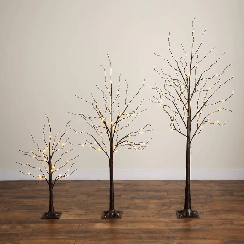 3ft. 5ft. 6ft. Artificial Brown Birch Trees with Warm White LED Lights - Set of 3