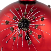 4" Red & Brown Beaded Bursting Snowflake Glass Ball Ornament