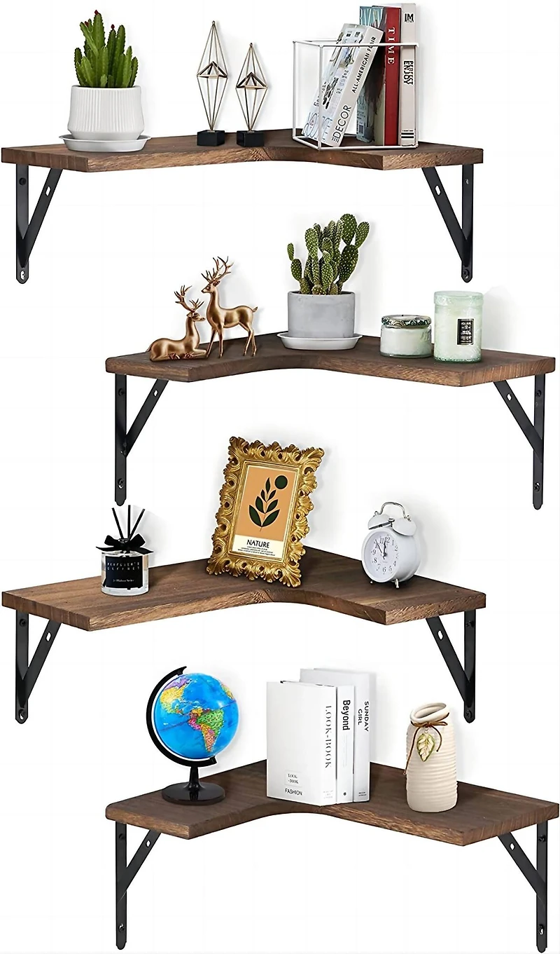 Brown Wood Wall Mounted Corner Floating Shelf Set