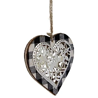 4.25" Black and White Buffalo Plaid Heart with Reindeer Christmas Ornament