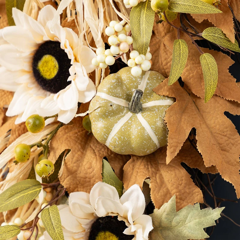 Glitzhome® 28" Fall Neutral Sunflower, Pumpkin and Leaf Swag