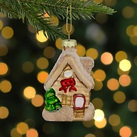 Snowy Country Cabin Glass Christmas Hanging Ornament - 3.25" - Gold Finish