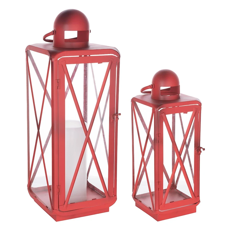 Red Traditional Curved Metal Lantern Set, 17" & 23"