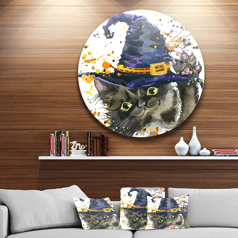 Designarts Halloween Cat & Witch Hat Metal Circle Wall Décor