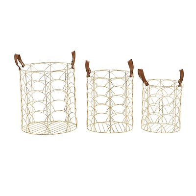 CosmoLiving by Cosmopolitan Gold Metal Storage Basket with Faux Leather Handles Set of 3 16", 14", 12"