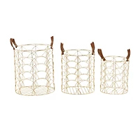 CosmoLiving by Cosmopolitan Gold Metal Storage Basket with Faux Leather Handles Set of 3 16", 14", 12"