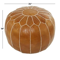 Light Brown Leather Bohemian Pouf, 24" x 24" x 18"