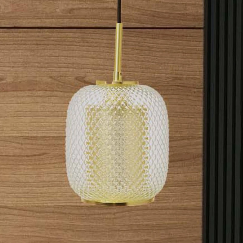 Hello Honey® Clear & Gold Embossed Glass Shade Pendant Lamp with Brass Accents