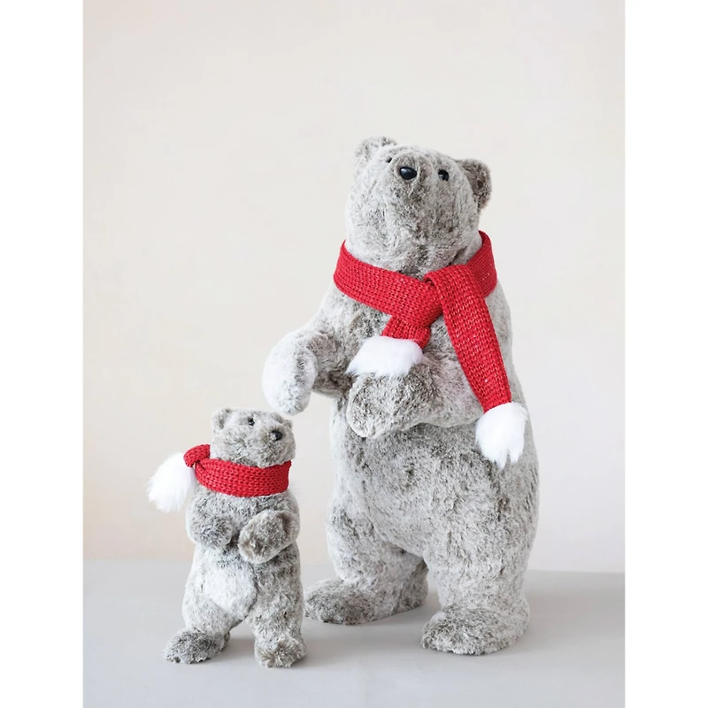 Hello Honey® 11" Gray, White & Red Faux Fur Standing Bear with Scarf